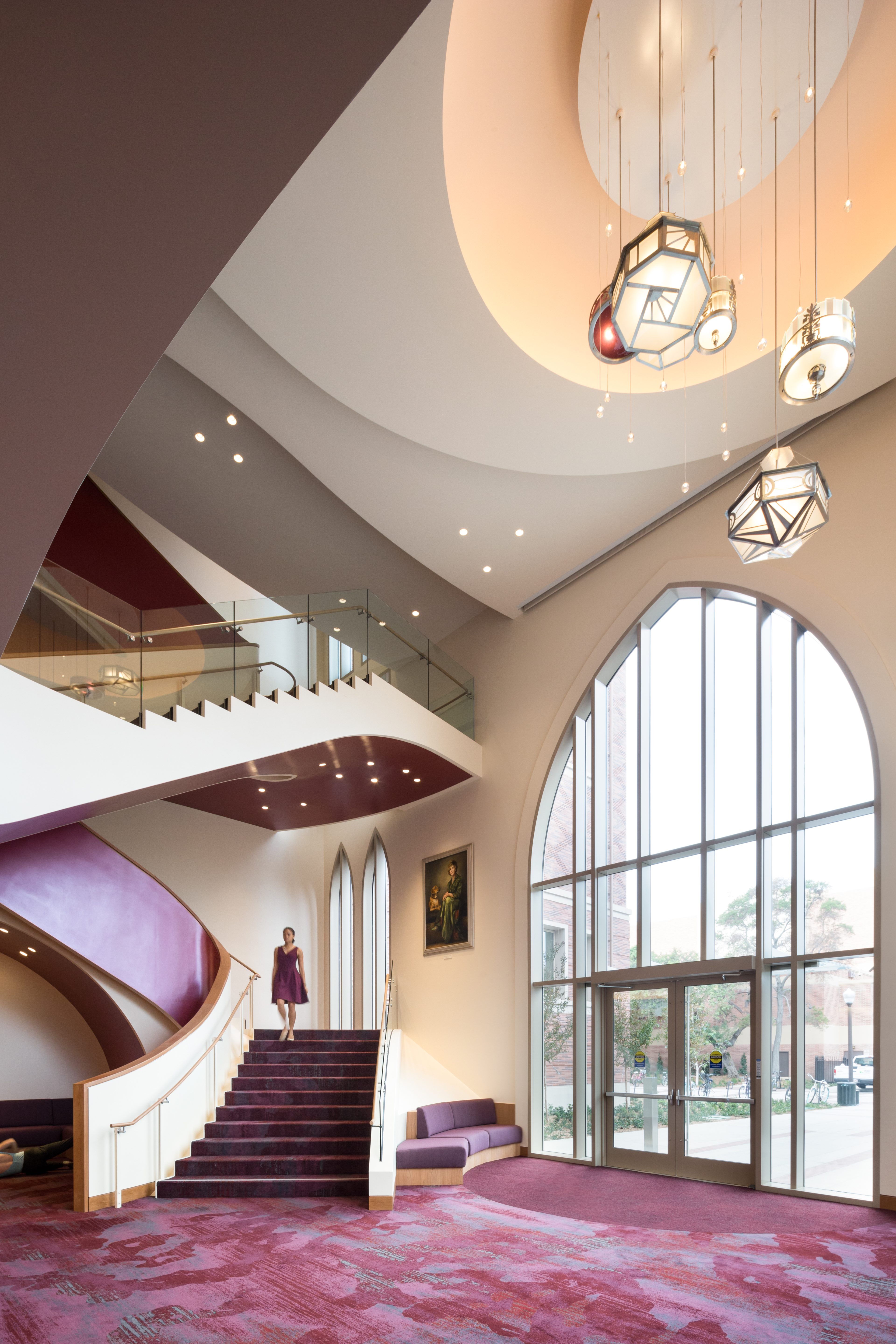 USC Glorya Kaufman School of Dance lobby staircase art deco chandelier
