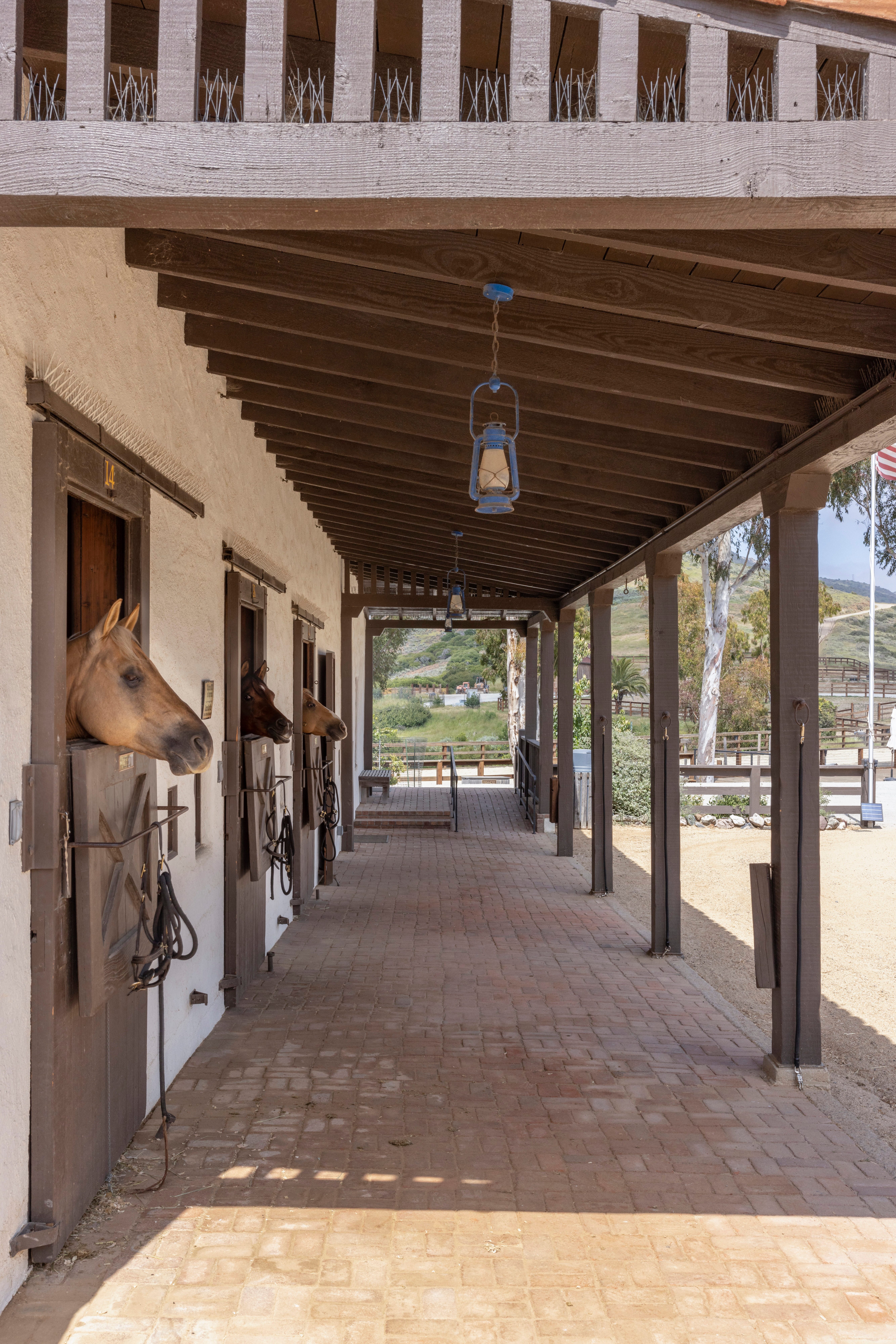 Horses looking out from stable stalls along a covered walkway at El Rancho Escondido.